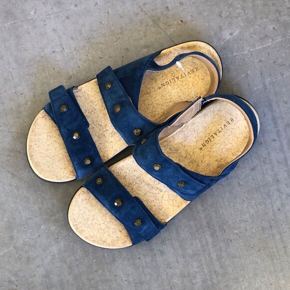 Revitalign Women’s 10 Blue Suede Comfort Sandals Orthotic Cork Footbed Slip-On - Picture 2 of 12